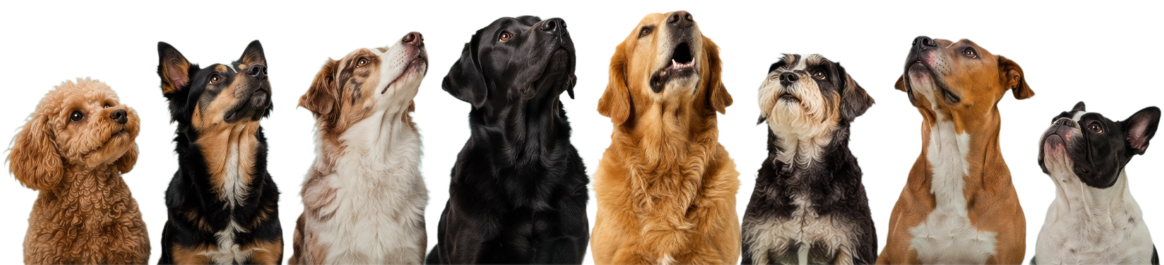 A row of dogs looking up