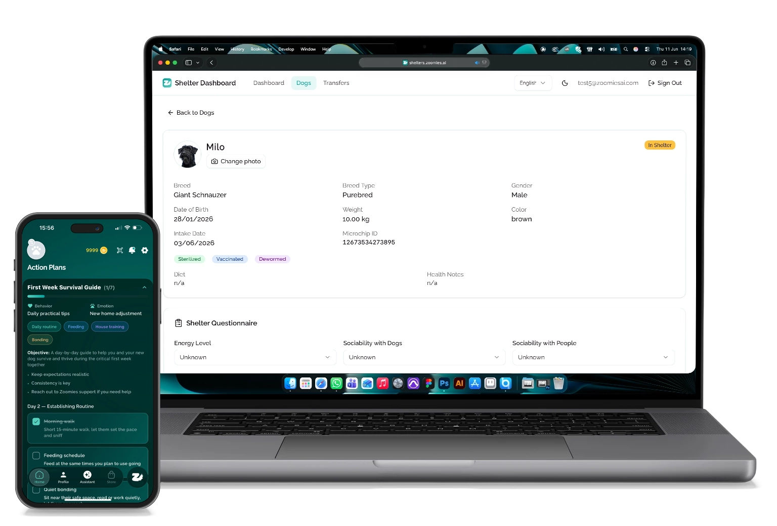 The Zoomies AI Shelter Dashboard showing a dog’s profile on a laptop